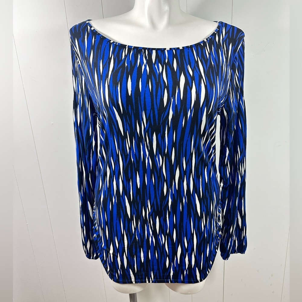 NWT Worthington Sz XL Stretch Blue Long Pleated Sleeve Tunic Scoop Neck Ruched